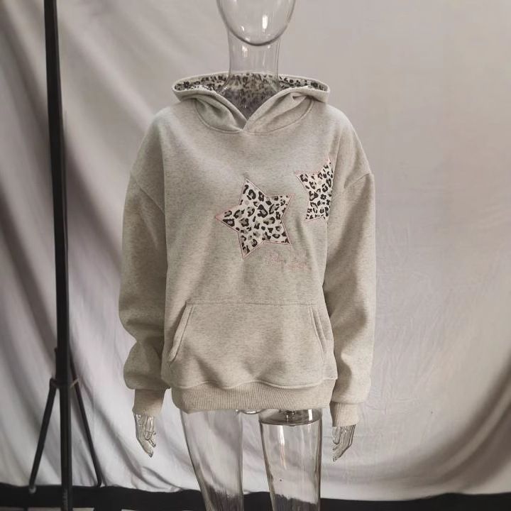 In stock 2025 European and American cross-border independent station star embroidery hooded versatile loose casual pullover hoodie grey S