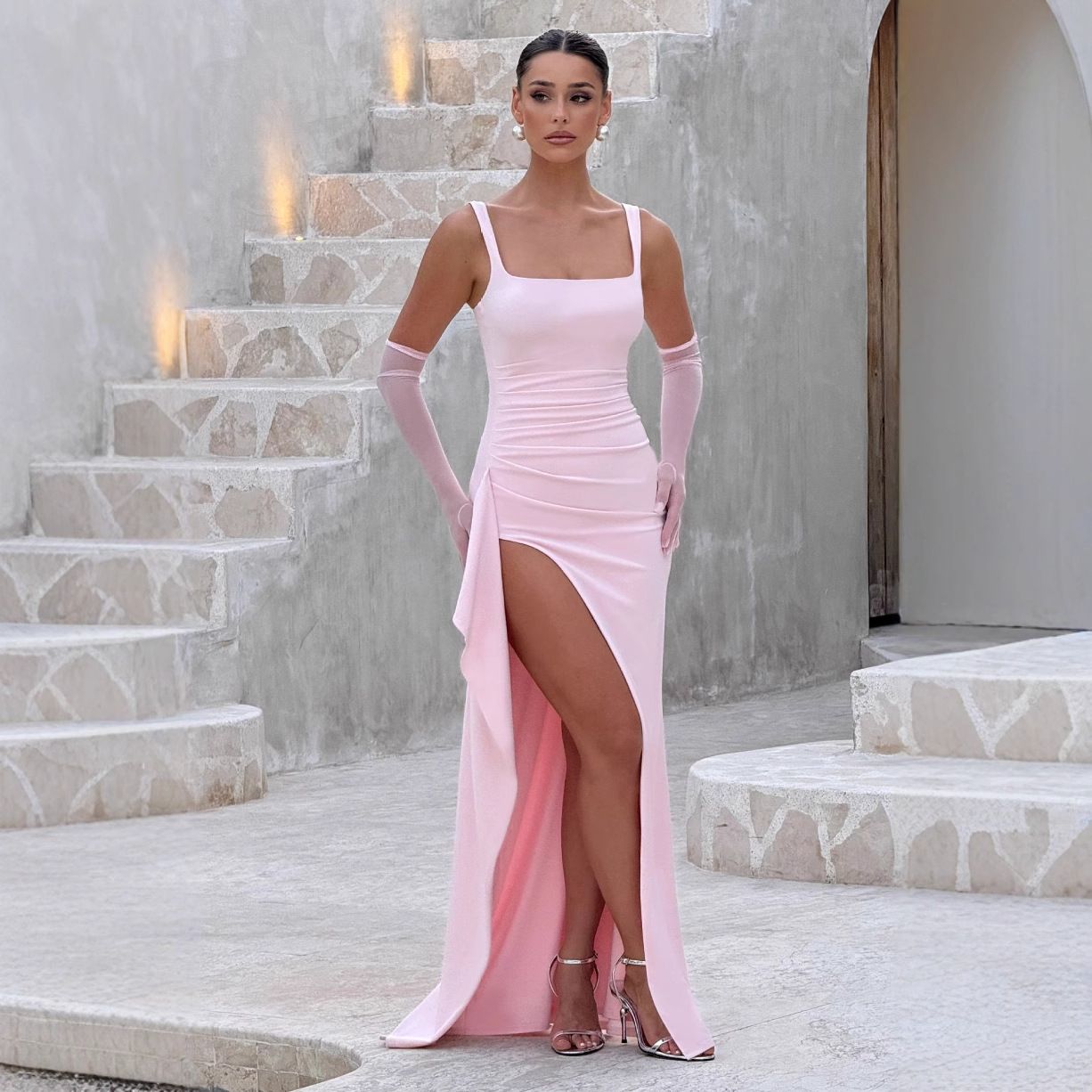 2025 Spring New Product Fashionable and Sexy Sweet and Spicy High Split Strap Dress for Women, Amazon One Piece Hair Collection pink S