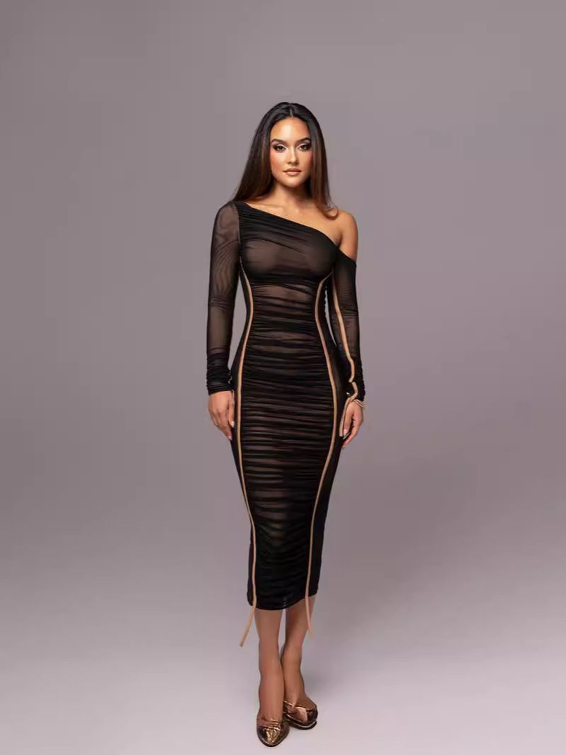 European and American style 2024 spring new women's long sleeved mesh spliced diagonal shoulder mid length skirt fashionable pleated dress for women Hei S