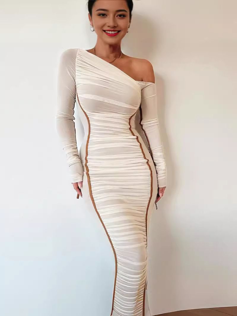 European and American style 2024 spring new women's long sleeved mesh spliced diagonal shoulder mid length skirt fashionable pleated dress for women Hei S