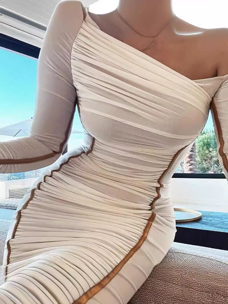 European and American style 2024 spring new women's long sleeved mesh spliced diagonal shoulder mid length skirt fashionable pleated dress for women Hei S