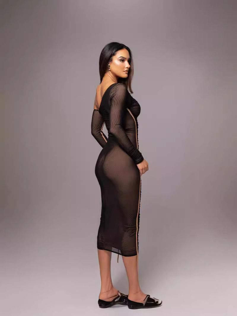 European and American style 2024 spring new women's long sleeved mesh spliced diagonal shoulder mid length skirt fashionable pleated dress for women Hei S
