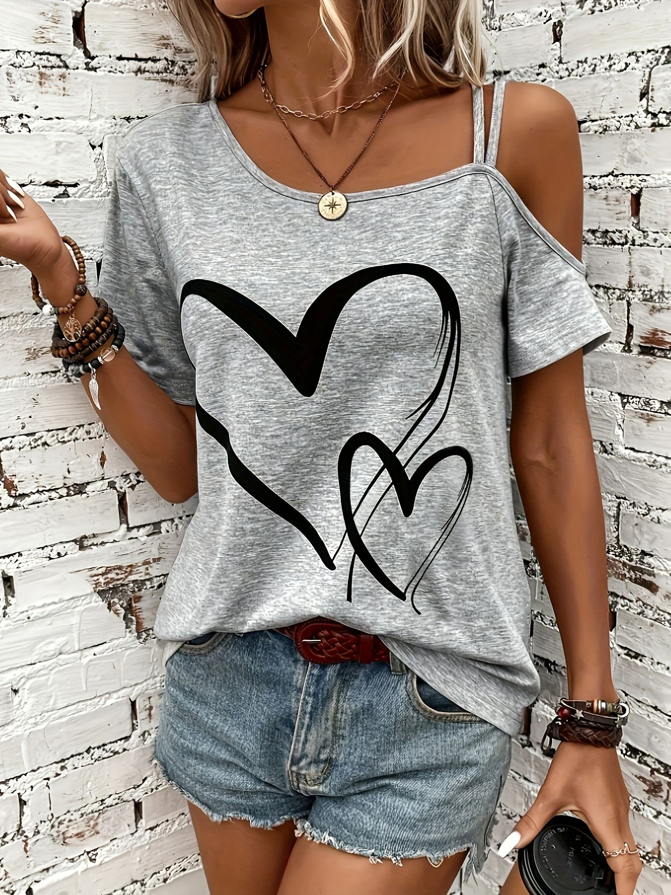 Cross border hot selling plus size women's casual asymmetrical collar with heart-shaped printed suspender and elastic short sleeved shirt from Europe and America pink S