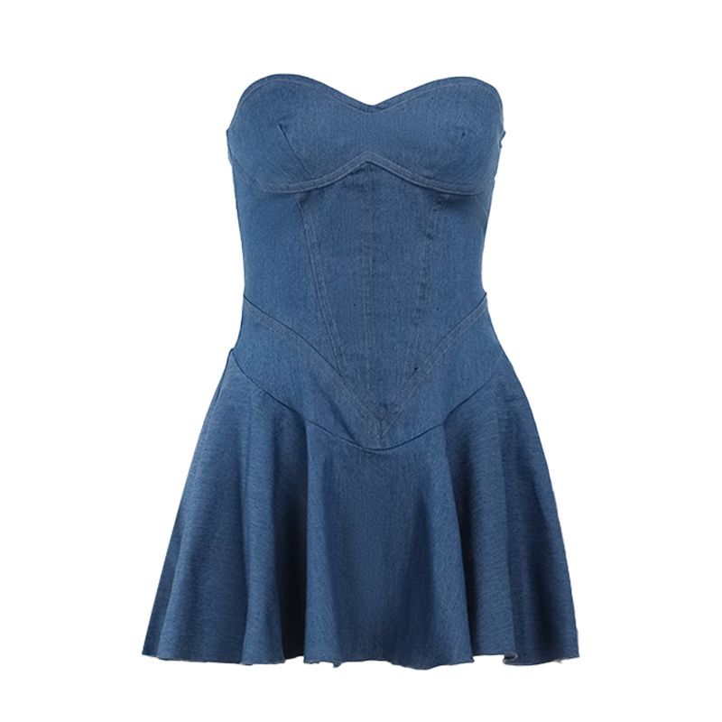 European and American cross-border spring and summer new style temperament bag hip A skirt fashionable and sexy strapless imitation denim dress for women dark blue S