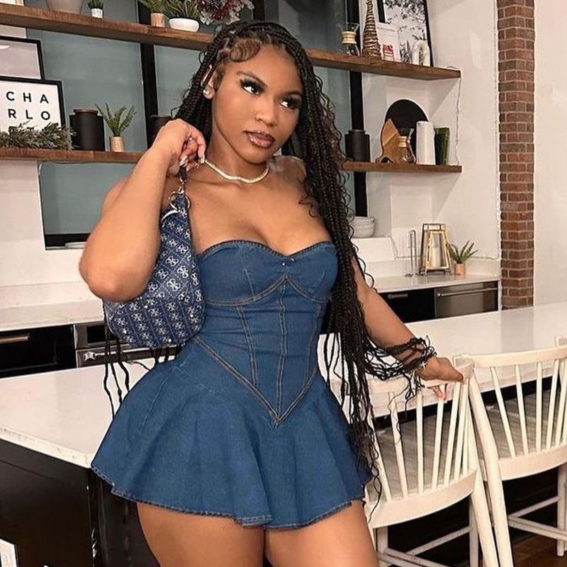 European and American cross-border spring and summer new style temperament bag hip A skirt fashionable and sexy strapless imitation denim dress for women dark blue S