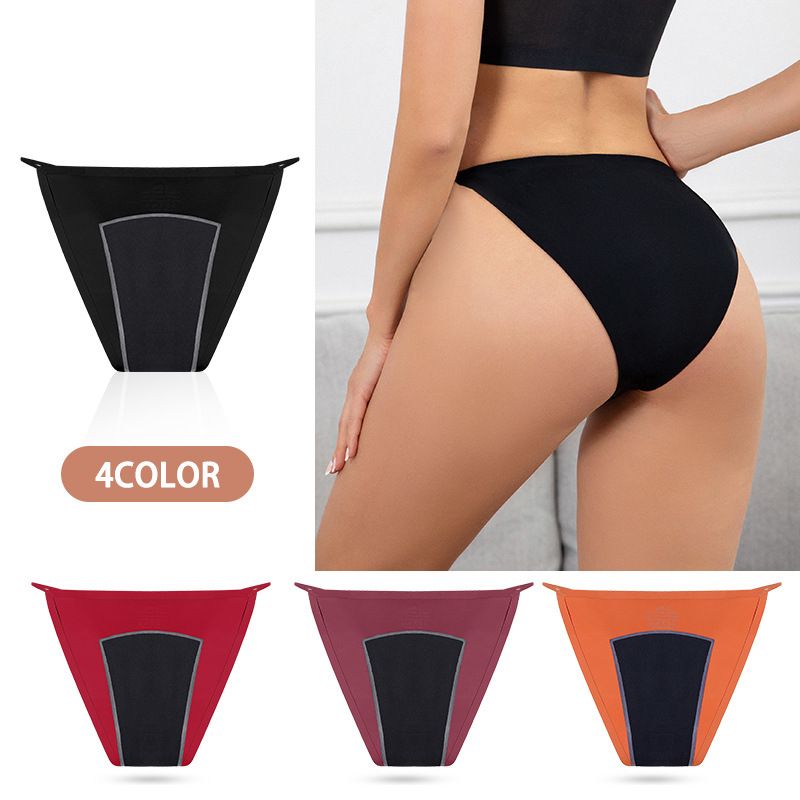 Foreign trade four layer physiological underwear for women, leak proof plus size, ice silk, seamless, teenage lace, summer hot thong for women black S