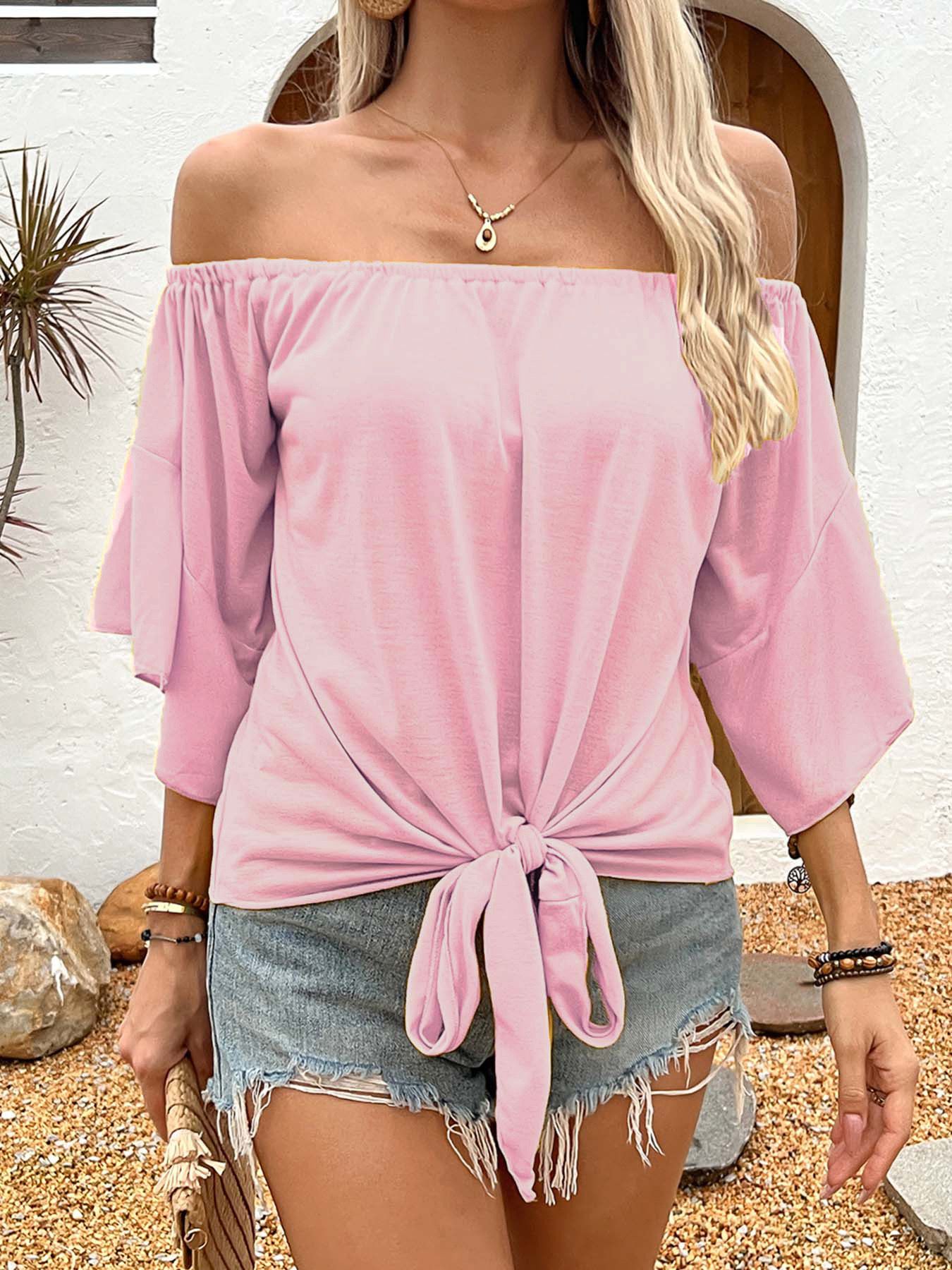 Cross border women's clothing from Europe and America, one shoulder collar, off shoulder flared seven quarter sleeves, casual lace up bow loose top Black M