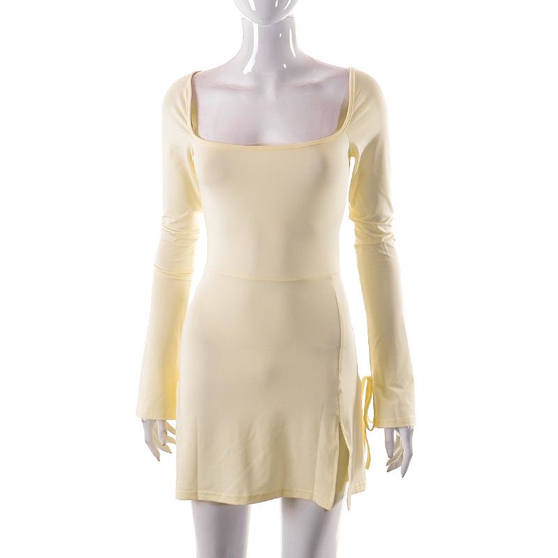 Summer European and American Ins Style Women's Autumn New Style Square Neck Long Sleeve Slimming Bag Hip Split French Dress green S