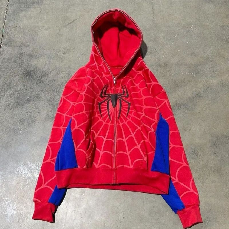 European and American cross-border new Gothic dark spider print hooded cardigan full chain loose fit men's and women's trendy brand hoodie jacket white S