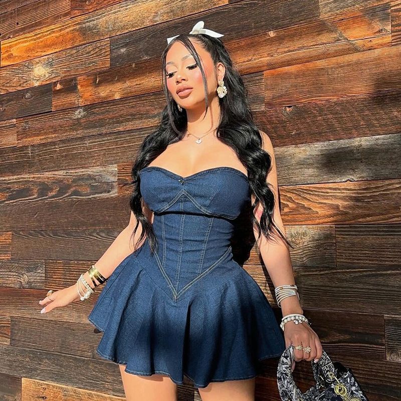European and American cross-border spring and summer new style temperament bag hip A skirt fashionable and sexy strapless imitation denim dress for women dark blue S