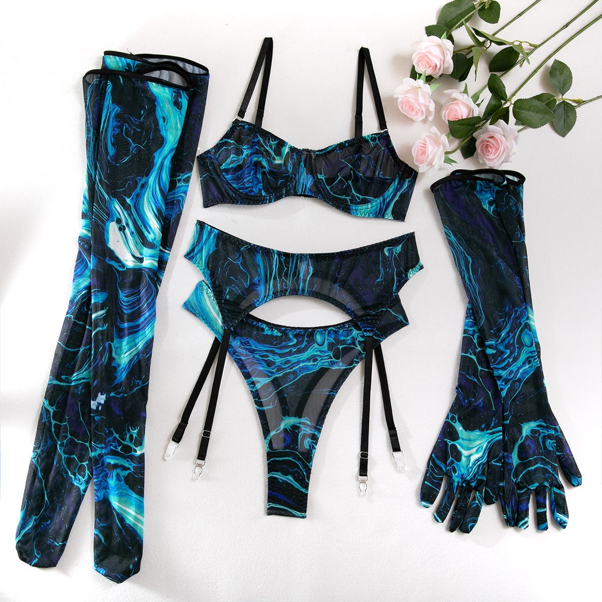 European and American foreign trade AliExpress hot selling lingerie sexy perspective gathering print with gloves leg cover women's five piece set Purple; S