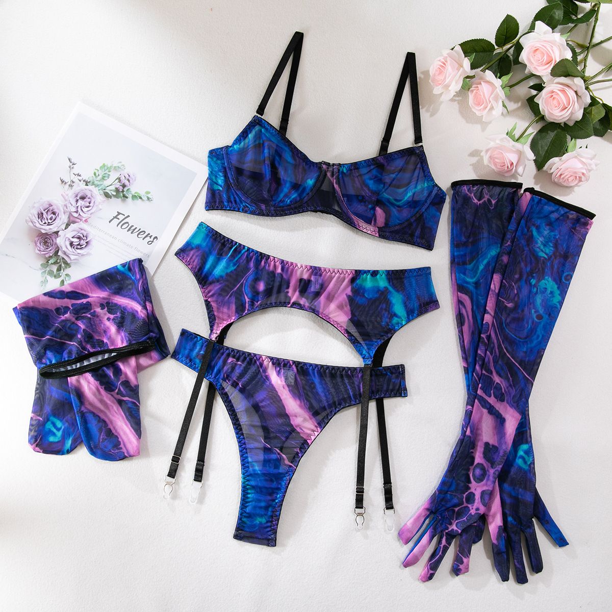 European and American foreign trade AliExpress hot selling lingerie sexy perspective gathering print with gloves leg cover women's five piece set Purple; S