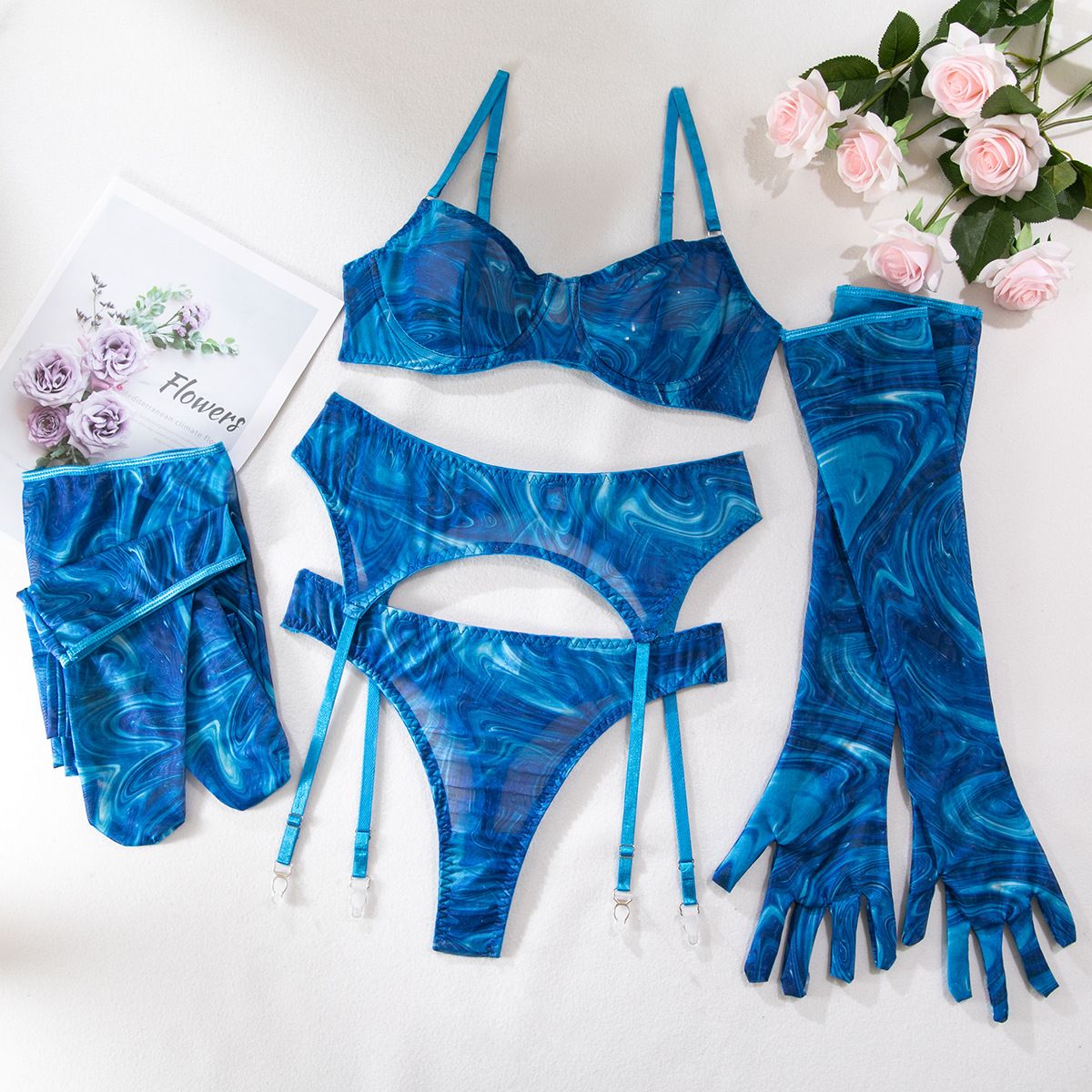 European and American foreign trade AliExpress hot selling lingerie sexy perspective gathering print with gloves leg cover women's five piece set Purple; S