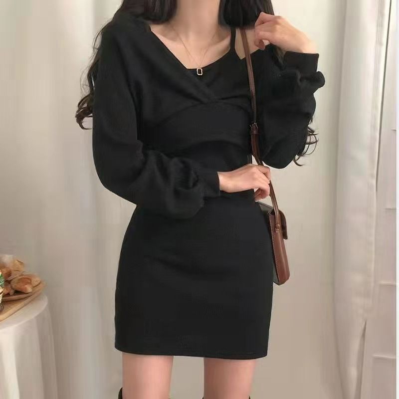 autumn and winter new French style camisole dress+cover up shirt T-shirt long sleeved set for women looking slim solid color dress black S