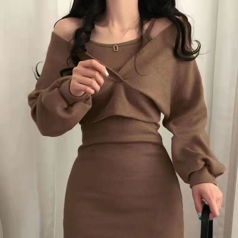 autumn and winter new French style camisole dress+cover up shirt T-shirt long sleeved set for women looking slim solid color dress black S