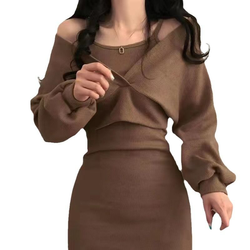 autumn and winter new French style camisole dress+cover up shirt T-shirt long sleeved set for women looking slim solid color dress black S