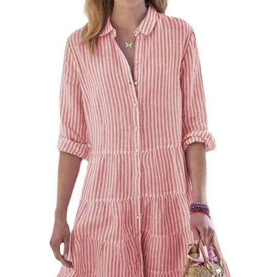 Long-sleeved women's striped shirt dress for autumn red L