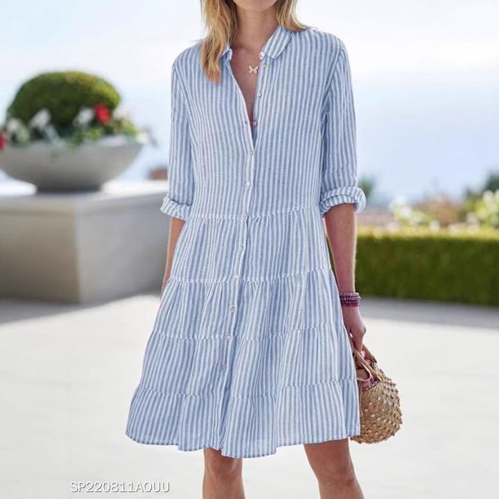 Long-sleeved women's striped shirt dress for autumn red L
