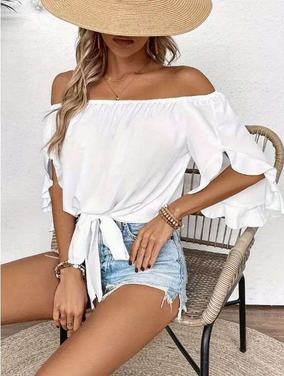 ross border women's clothing from Europe and America, one shoulder collar, off shoulder flared seven quarter sleeves, casual lace up bow loose top Black M