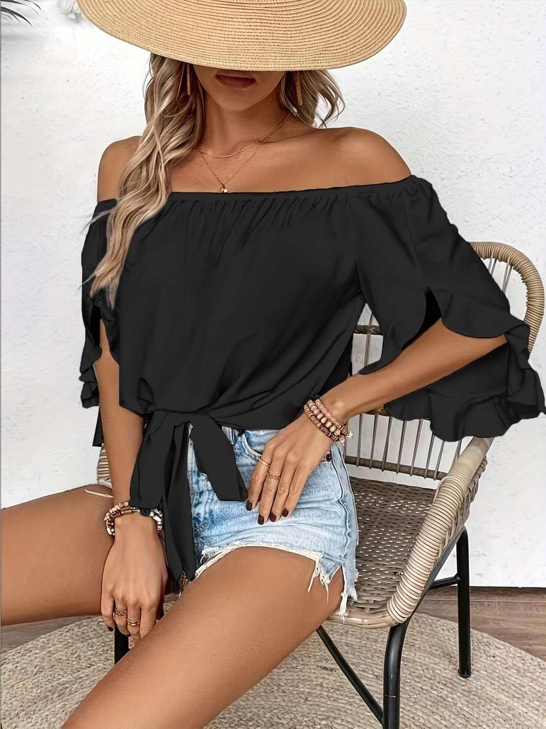 ross border women's clothing from Europe and America, one shoulder collar, off shoulder flared seven quarter sleeves, casual lace up bow loose top Black M