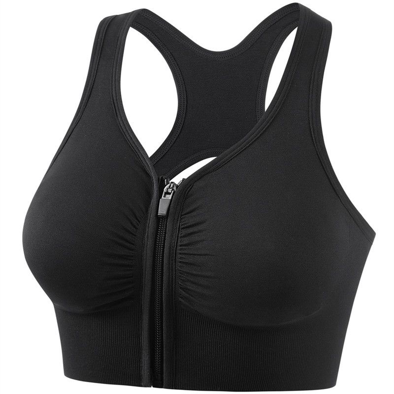 Shockproof gathering plus size running yoga fitness bra hollowed out beautiful back front zipper sports bra for women black M
