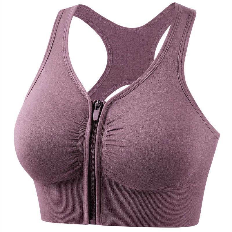 Shockproof gathering plus size running yoga fitness bra hollowed out beautiful back front zipper sports bra for women black M