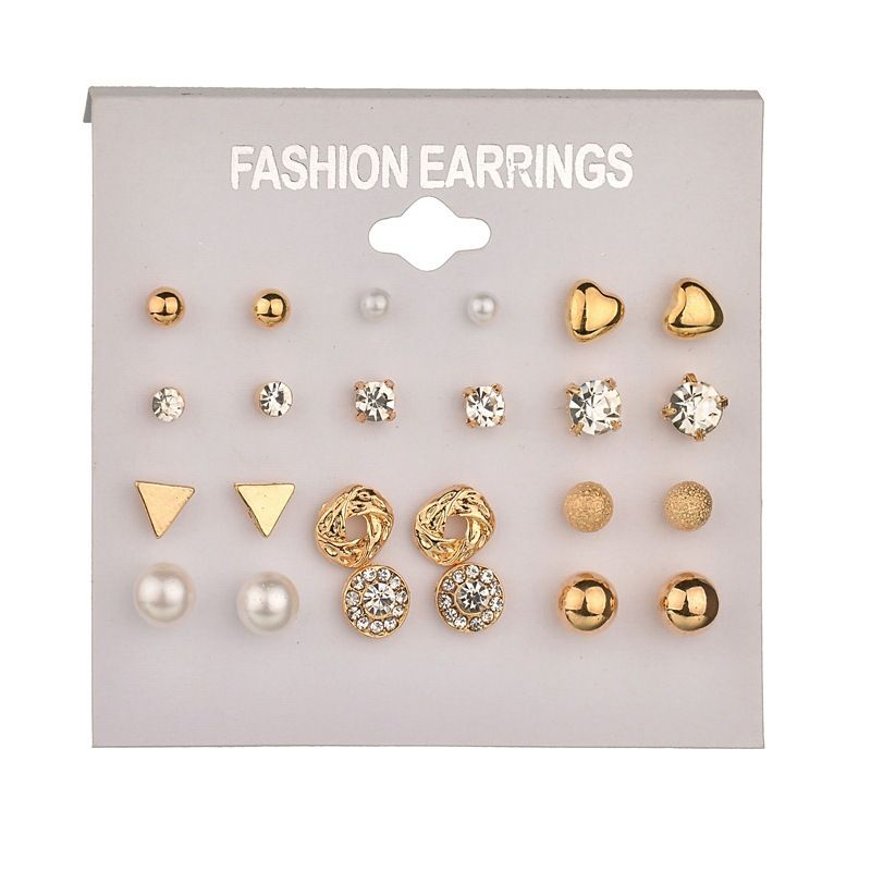 12 Pairs/Set Fashion Jewelry White Pearl Crystal Silver/Gold Color Stud Earrings Set 1 order Gold One Size