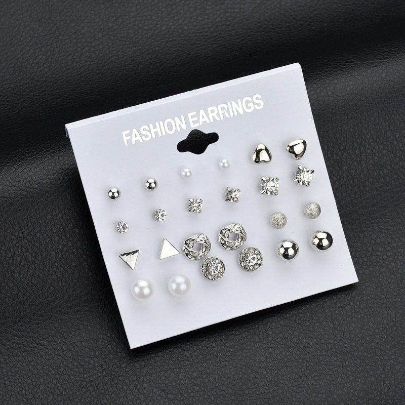 12 Pairs/Set Fashion Jewelry White Pearl Crystal Silver/Gold Color Stud Earrings Set 1 order Gold One Size