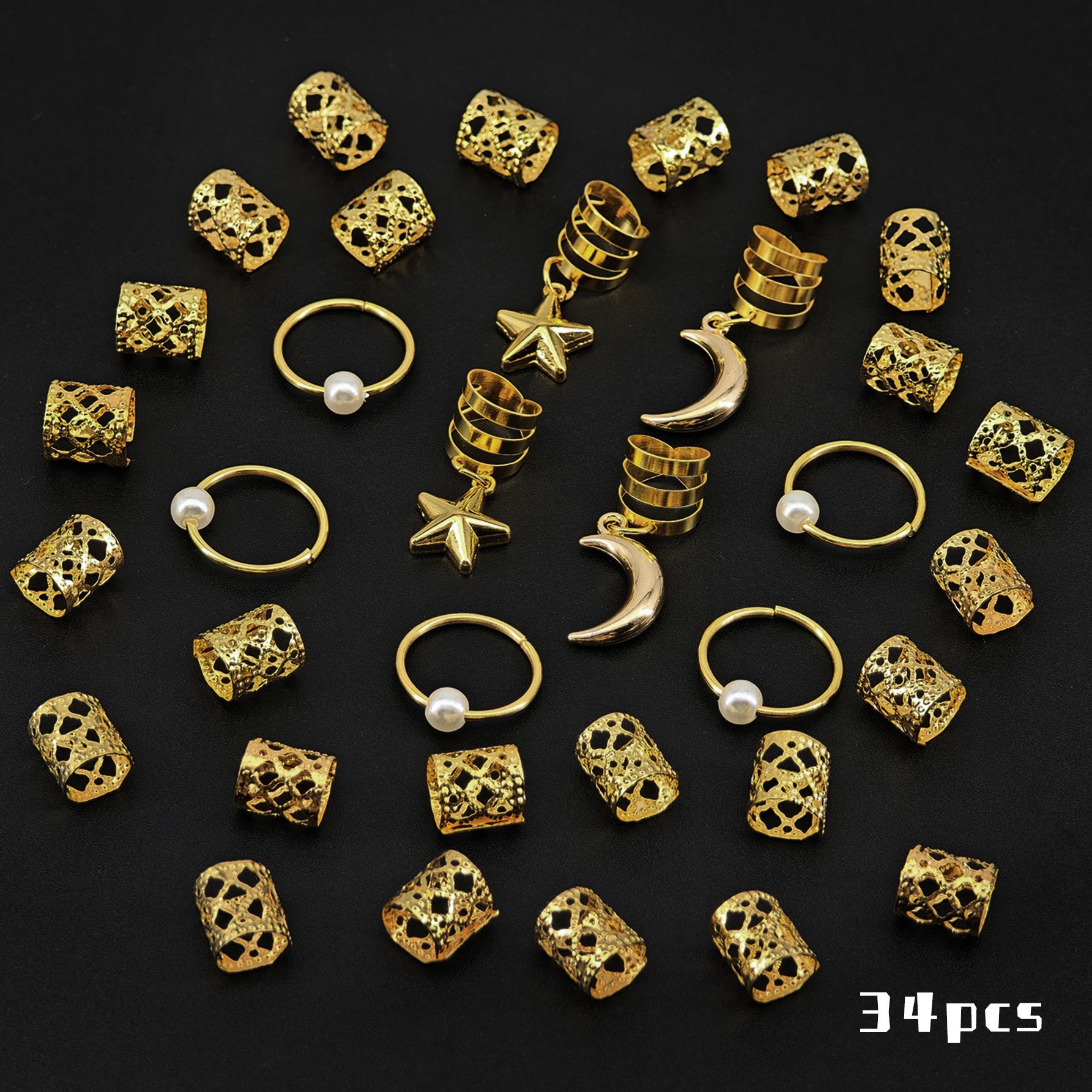 34 pieces of personalized star moon combination cross-border new 25pcs wigs, dirty braids, hair buckles, pendants, hair rings, hair extensions Golden Package AS PICTURE