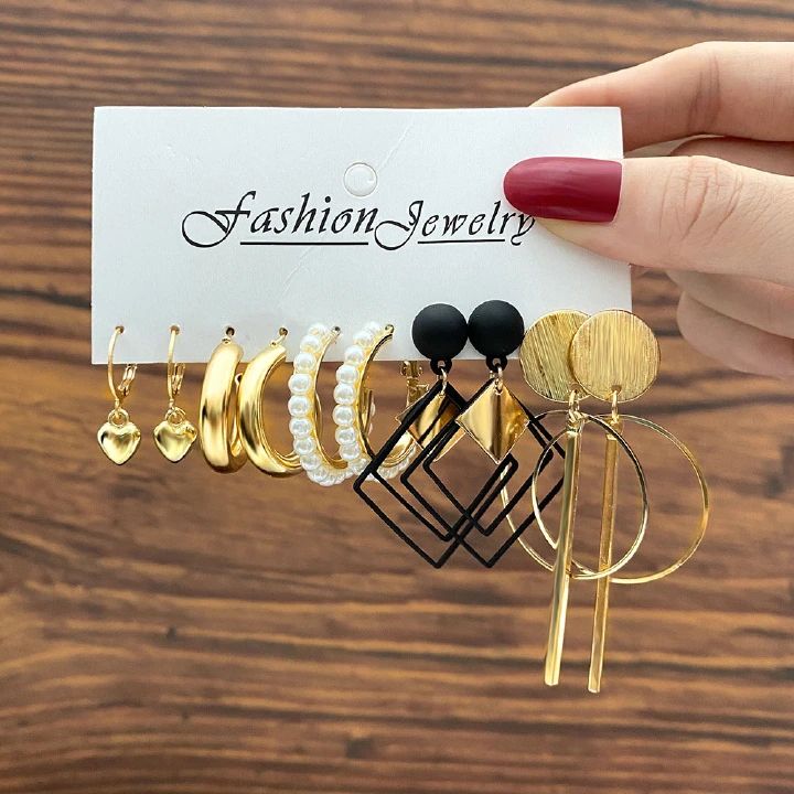 New Arrivals Earring set 2024 fashion jewelry pearl creative minimalist geometric alloy earrings hoop earrings Valentine's Day girlfriend gift for women Suit 1 normal