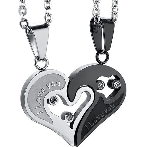 2Pcs/Set Couple Heart Shape I Love You Pendant Necklace Lovers Couples Jewelry Valentine's Gift，Fashion Couple Necklace Jewelry Unisex Lovers Couples Necklaces & Pendants Black+silver As picture