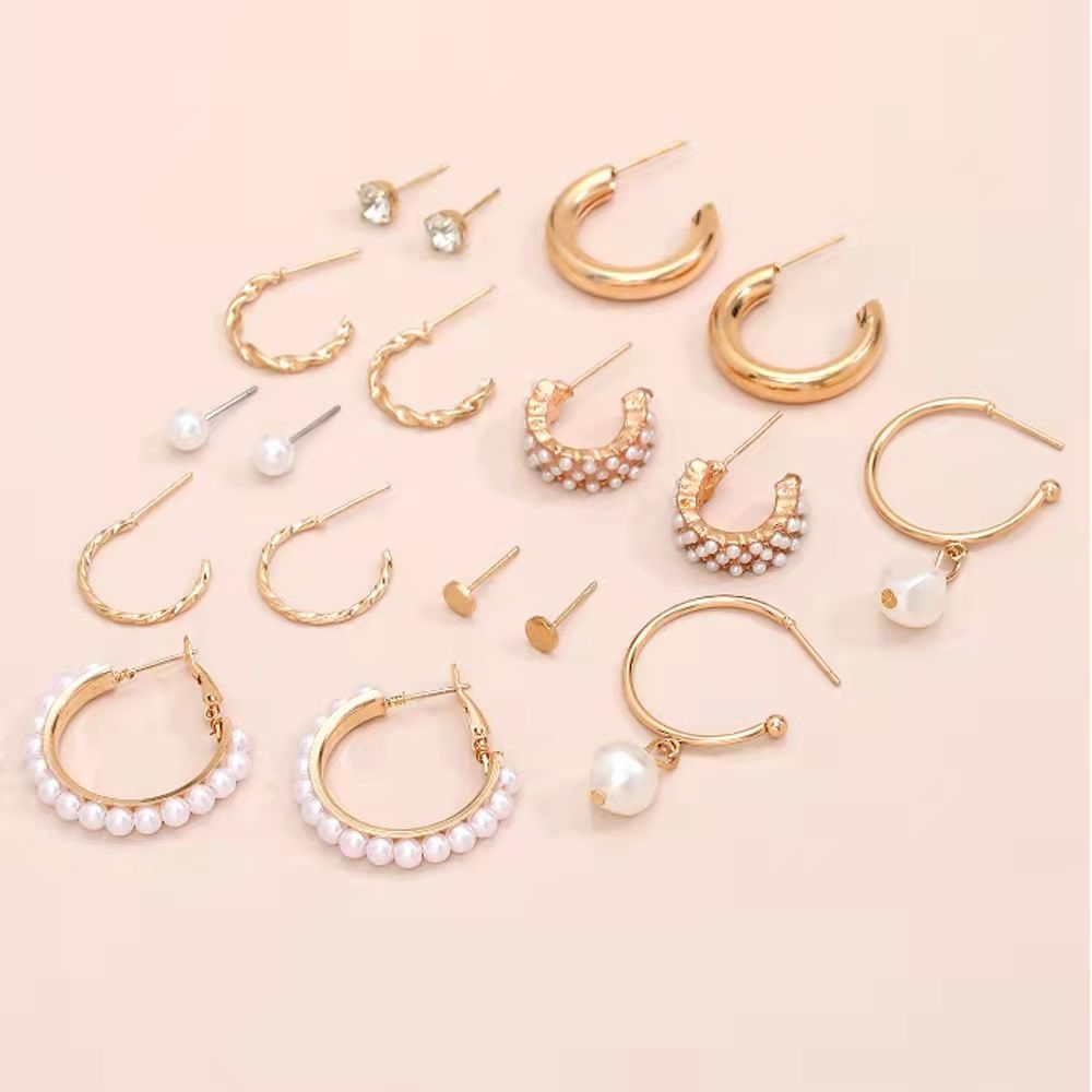 9Pcs/Set Women Earrings Rhinestone Pearl Exaggerated Gold Creative Personality Relief Earrings Women's Fashion Accessories Jewellery Gold as picture
