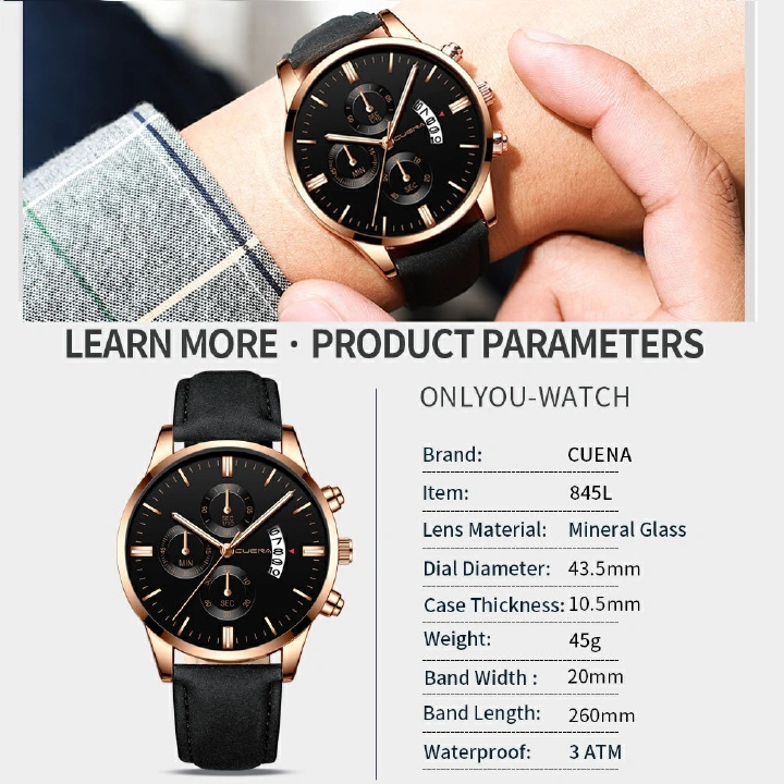 CUENA Men Watch leather straps Stainless Steel Good Quartz Luxury Man Wristwatch Waterproof Watches Fashion Business Quartz Analog Male Watch Wrist Watch Valentines Gift Fashion Sliver one size