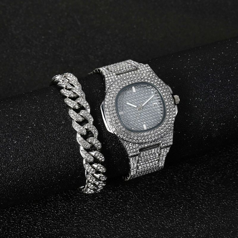 2Pcs/Set Hip Hop Men Diamond Watch +Bracelets Gold Iced Out Crystal Miami Cuban Chain Watch Men Luxury Iced Out Gold Watch+Gift Box +Bracelet Set silver set one size
