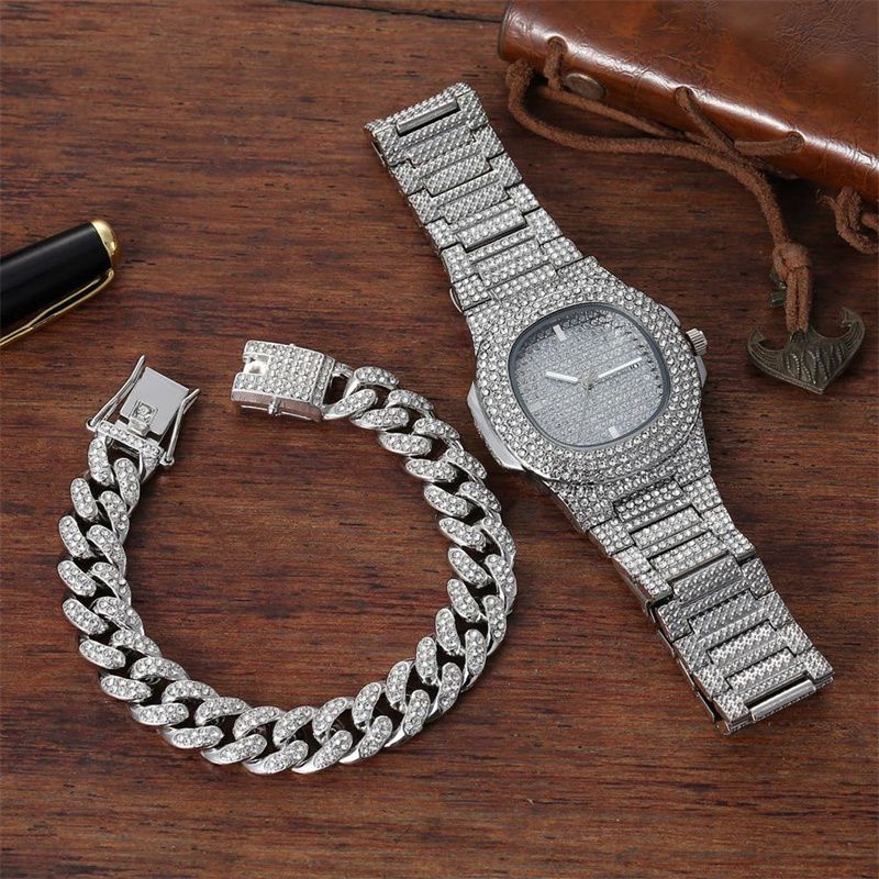 2Pcs/Set Hip Hop Men Diamond Watch +Bracelets Gold Iced Out Crystal Miami Cuban Chain Watch Men Luxury Iced Out Gold Watch+Gift Box +Bracelet Set silver set one size