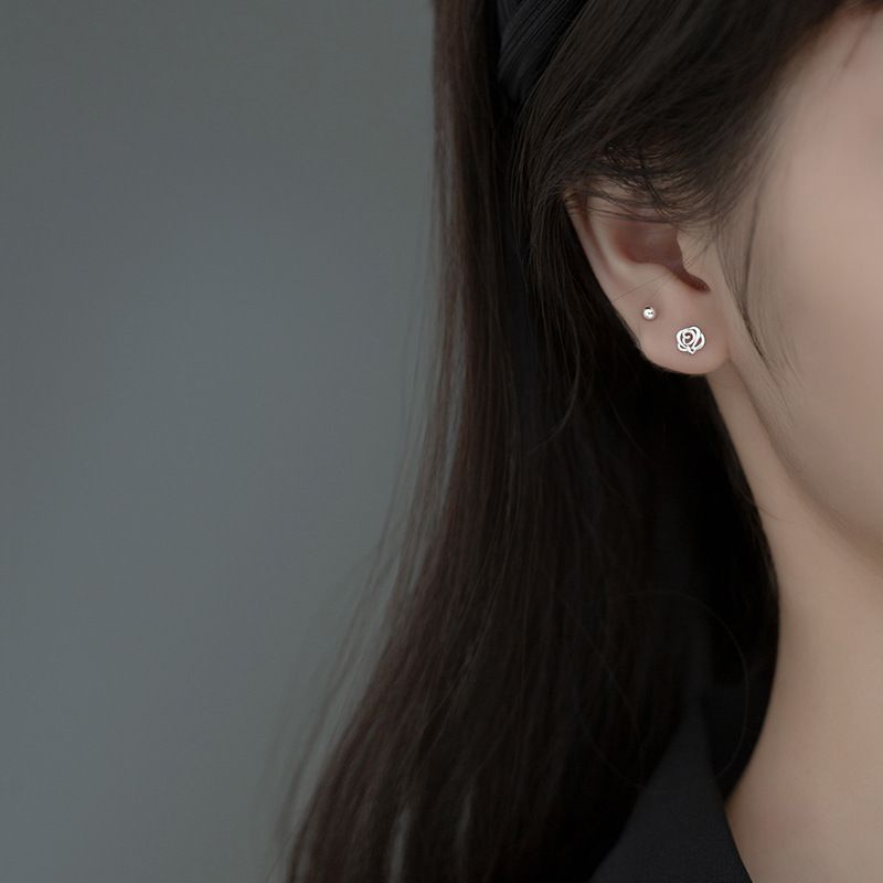 2*PC S999 pure silver small rose earrings, Japanese and Korean versions, simple temperament, fashionable flower earrings, gift for girlfriend golden pure silver