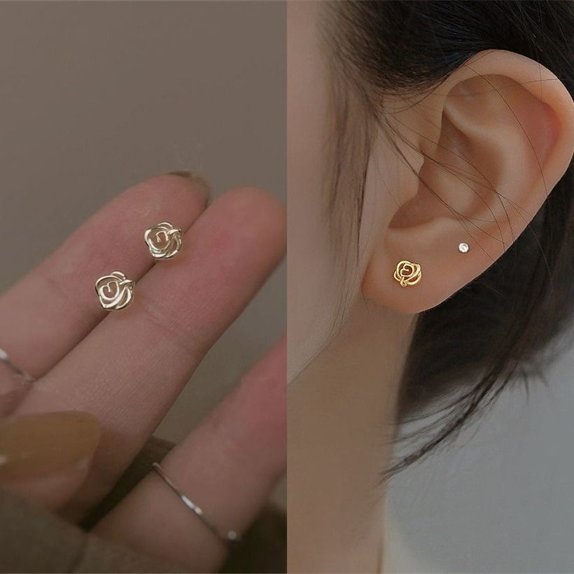 2*PC S999 pure silver small rose earrings, Japanese and Korean versions, simple temperament, fashionable flower earrings, gift for girlfriend golden pure silver