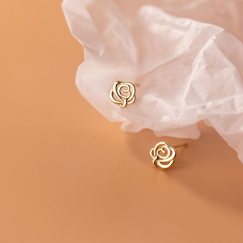 2*PC S999 pure silver small rose earrings, Japanese and Korean versions, simple temperament, fashionable flower earrings, gift for girlfriend golden pure silver
