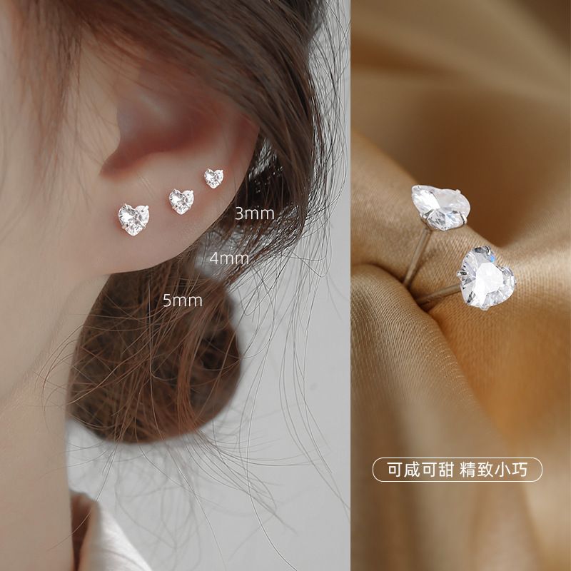 S925 pure silver heart-shaped zircon earrings, 2022 new trendy ear hole earrings, simple and cool style, small and compact for women platinum blonde 3MM per pair