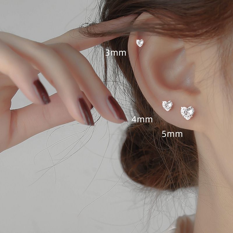 S925 pure silver heart-shaped zircon earrings, 2022 new trendy ear hole earrings, simple and cool style, small and compact for women platinum blonde 3MM per pair