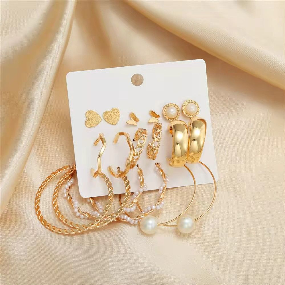 9 PIECES! Earrings Women's Fashion Accessories Jewellery 9pcs/Set Women Earrings Rhinestone & Pearl Ear Piercing Nine Different Styles Stunning Earrings Set For Girls gold one size