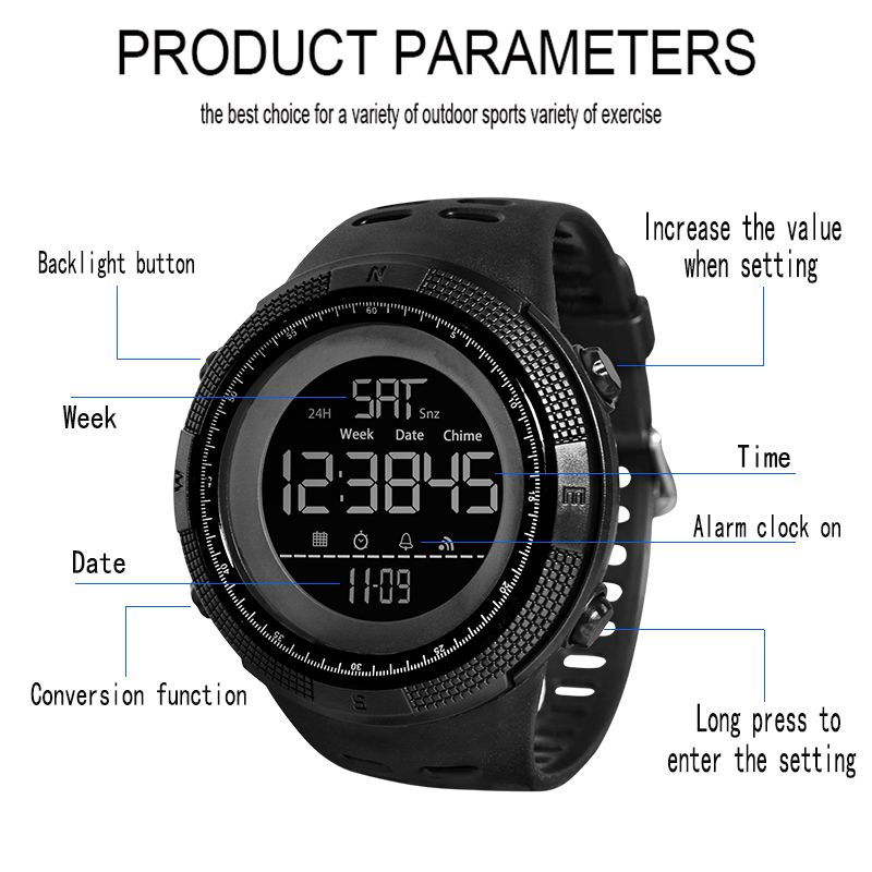 Men Watches Fashion Outdoor Sport Watch Men Multifunction Watches Alarm Clock Chrono Waterproof Led Digital Watch black one size