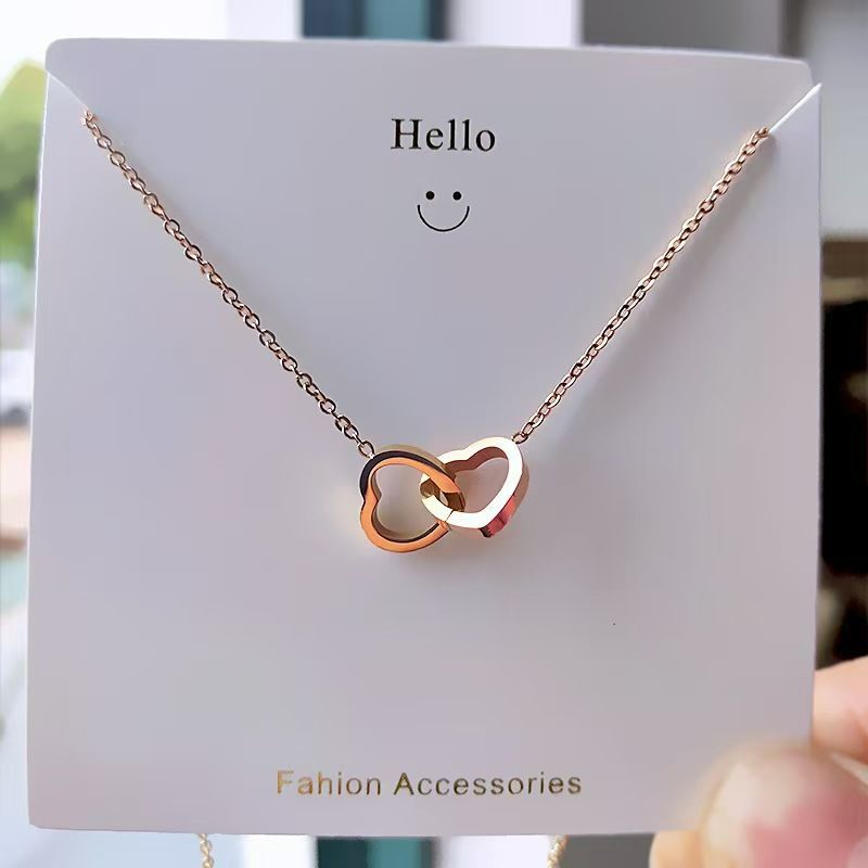 gold titanium Ladies Luxurious Elegant Love Button Necklace-Gold-like steel double love necklace women fashion lover gift clavicle chain Titanium steel non-fading necklace Instagram jewelry gold one s