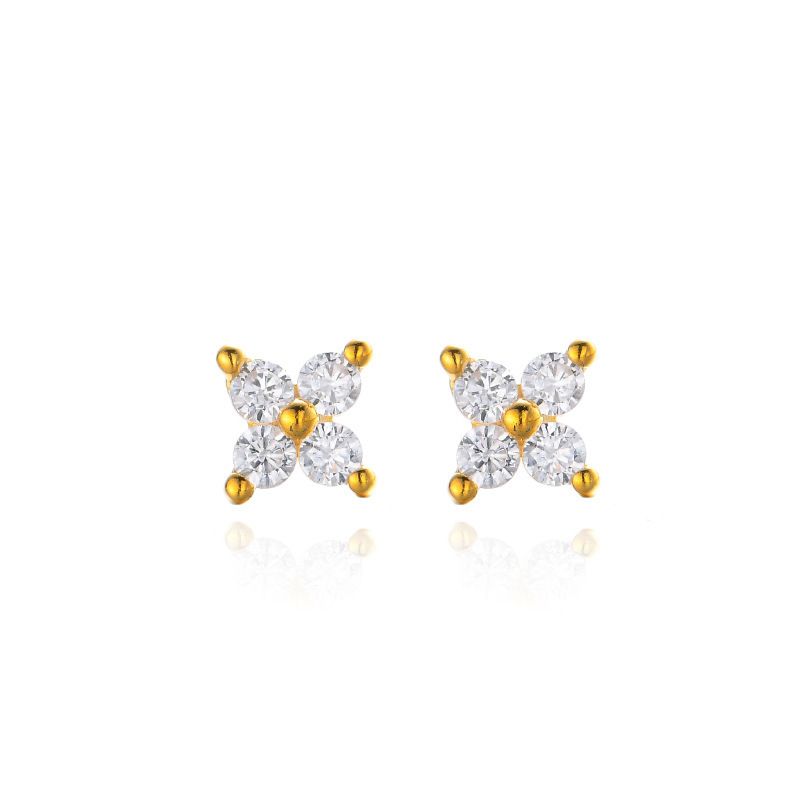S925 sterling silver small earrings, 14K gold mini earrings, flower studded diamonds, versatile four leaf flower zircon earrings golden 925 silver