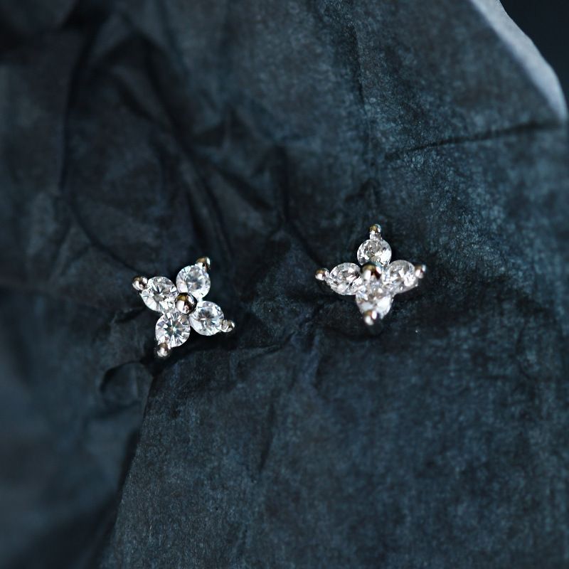S925 sterling silver small earrings, 14K gold mini earrings, flower studded diamonds, versatile four leaf flower zircon earrings golden 925 silver