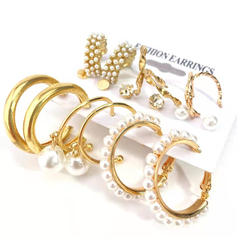 9Pcs/Set Women Earrings Rhinestone Pearl Exaggerated Gold Creative Personality Relief Earrings Women's Fashion Accessories Jewellery Gold as picture