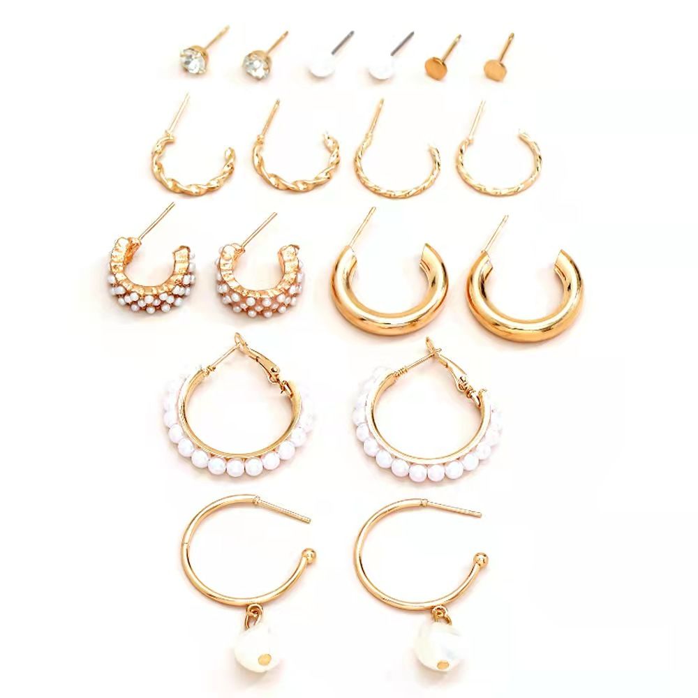 9Pcs/Set Women Earrings Rhinestone Pearl Exaggerated Gold Creative Personality Relief Earrings Women's Fashion Accessories Jewellery Gold as picture