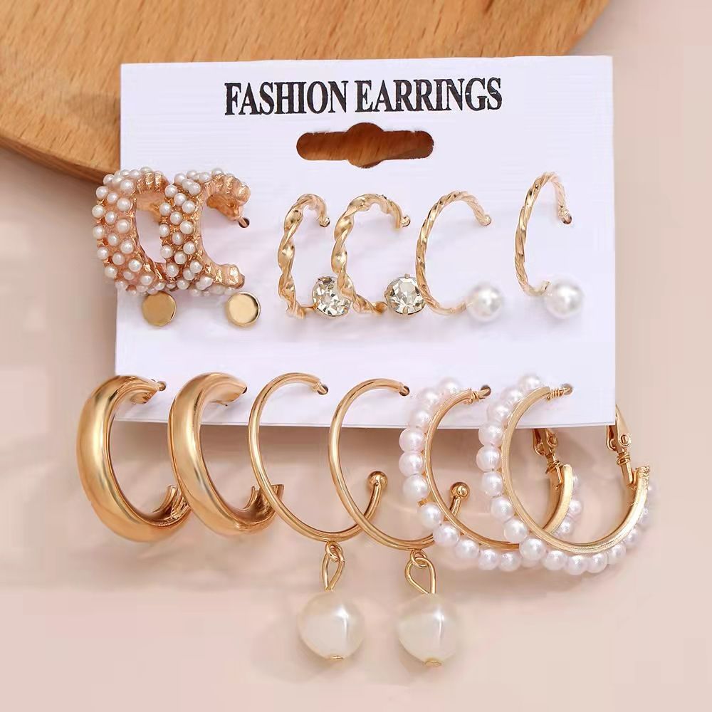 9Pcs/Set Women Earrings Rhinestone Pearl Exaggerated Gold Creative Personality Relief Earrings Women's Fashion Accessories Jewellery Gold as picture