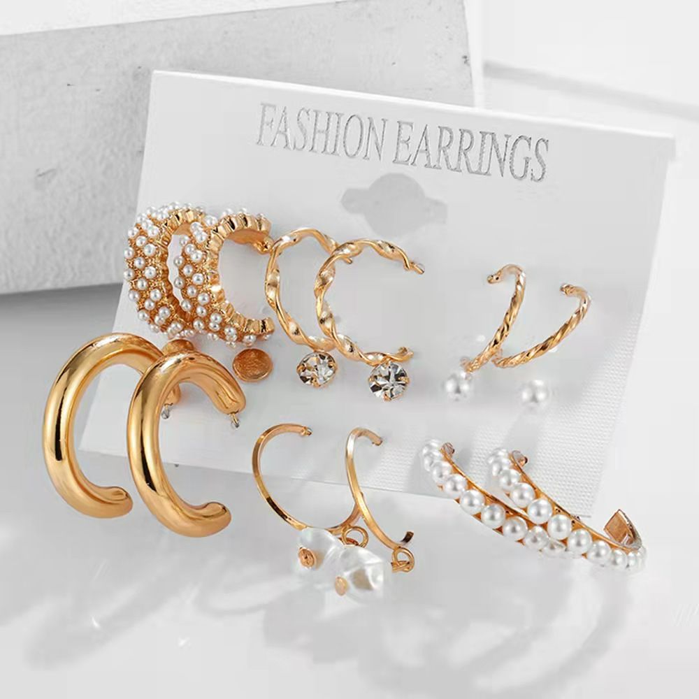 9Pcs/Set Women Earrings Rhinestone Pearl Exaggerated Gold Creative Personality Relief Earrings Women's Fashion Accessories Jewellery Gold as picture