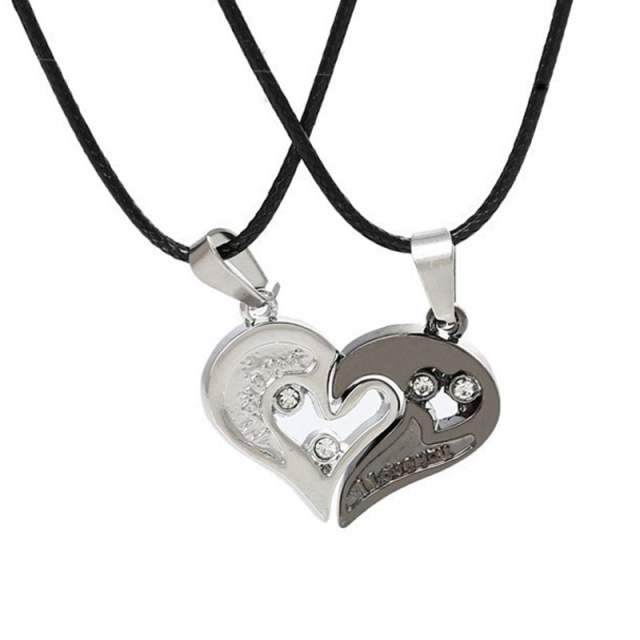 Heart Couple Necklaces for Lovers I Love You 1/2 Romantic Necklace Pendant Stainless Steel Paired Suspension For Two Pendants dark&silver 2 in 1